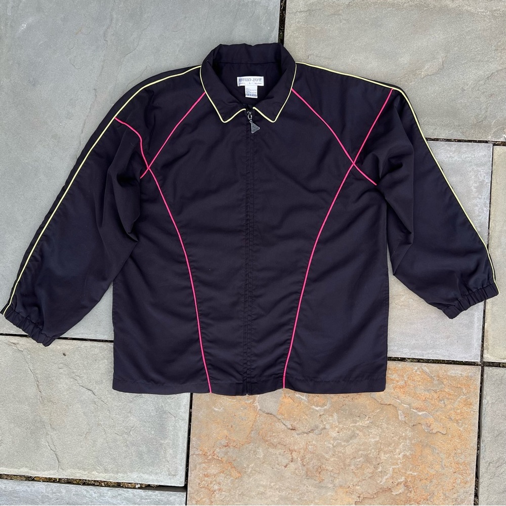 Vintage 80s Black Windbreaker Jacket with Yellow/Pink Piping